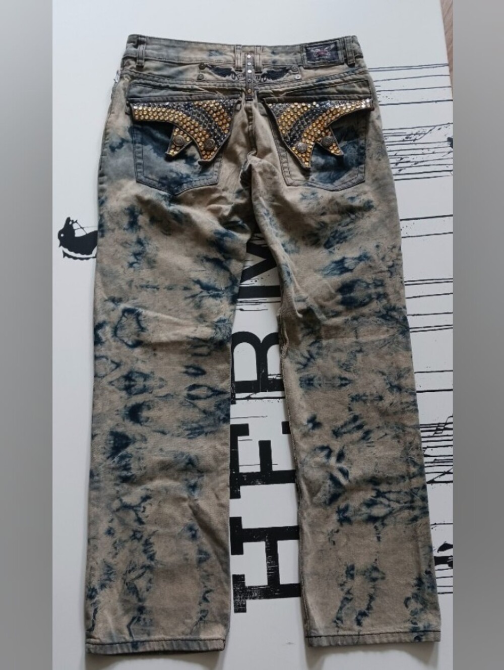Robins Jeans Distresed Grunge Tie-Dye Embellished Back-Pocket Jeans ,Size 32